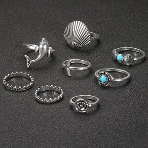 *EDWINA* 7-Pc Silver x Blue Shell Fashion Ring Set